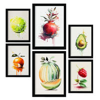 POSTER Set Mit 6 Sommerfrüchte Plakate Von Obst Gemüse & Gesunden Lebensmitteln Im Aquarell Kunst Auf Reinweißen A3 & A4 Schwarzer Rahmen - Schwarz, Papier (29/3cm) - Nacnic