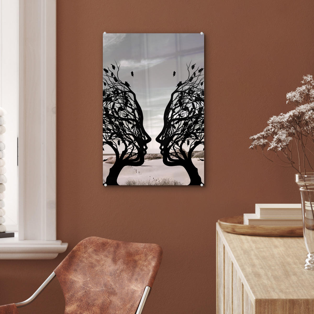 ACRYLGLASBILD Strand - Meer - Menschen - Baum - Moderne Kunst 40x60 cm - Hellgrau, Glas (40/60cm) - MuchoWow