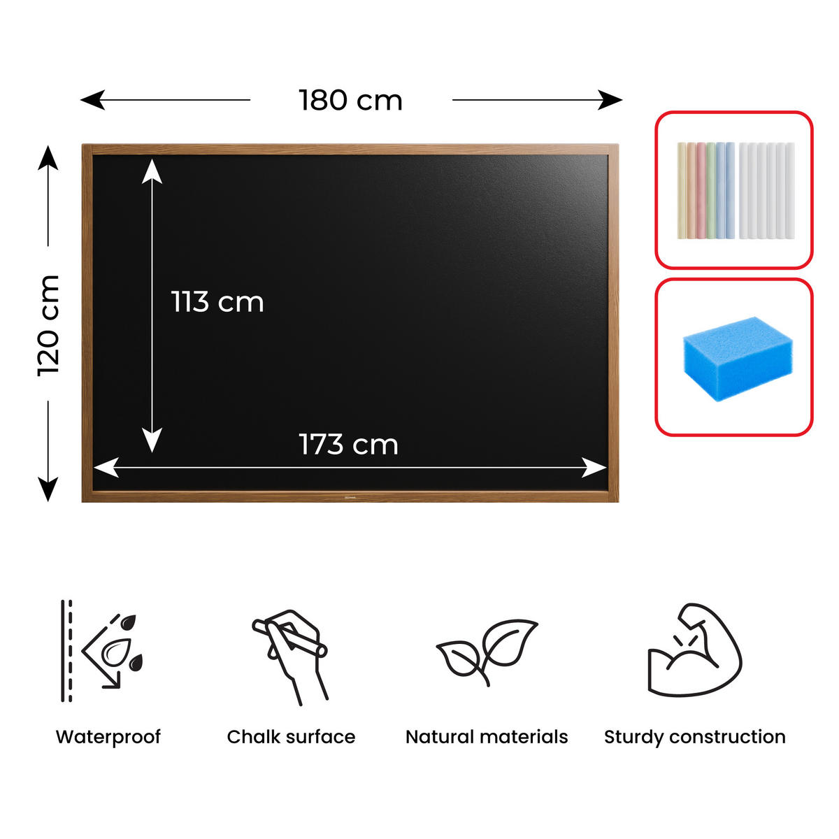 KREIDETAFEL Wasserfest mit lackiertem Holzrahmen 180x120cm, Schwarz, Schreibtafel, Kreide - Braun, Holz (180/120/2cm) - ALLboards