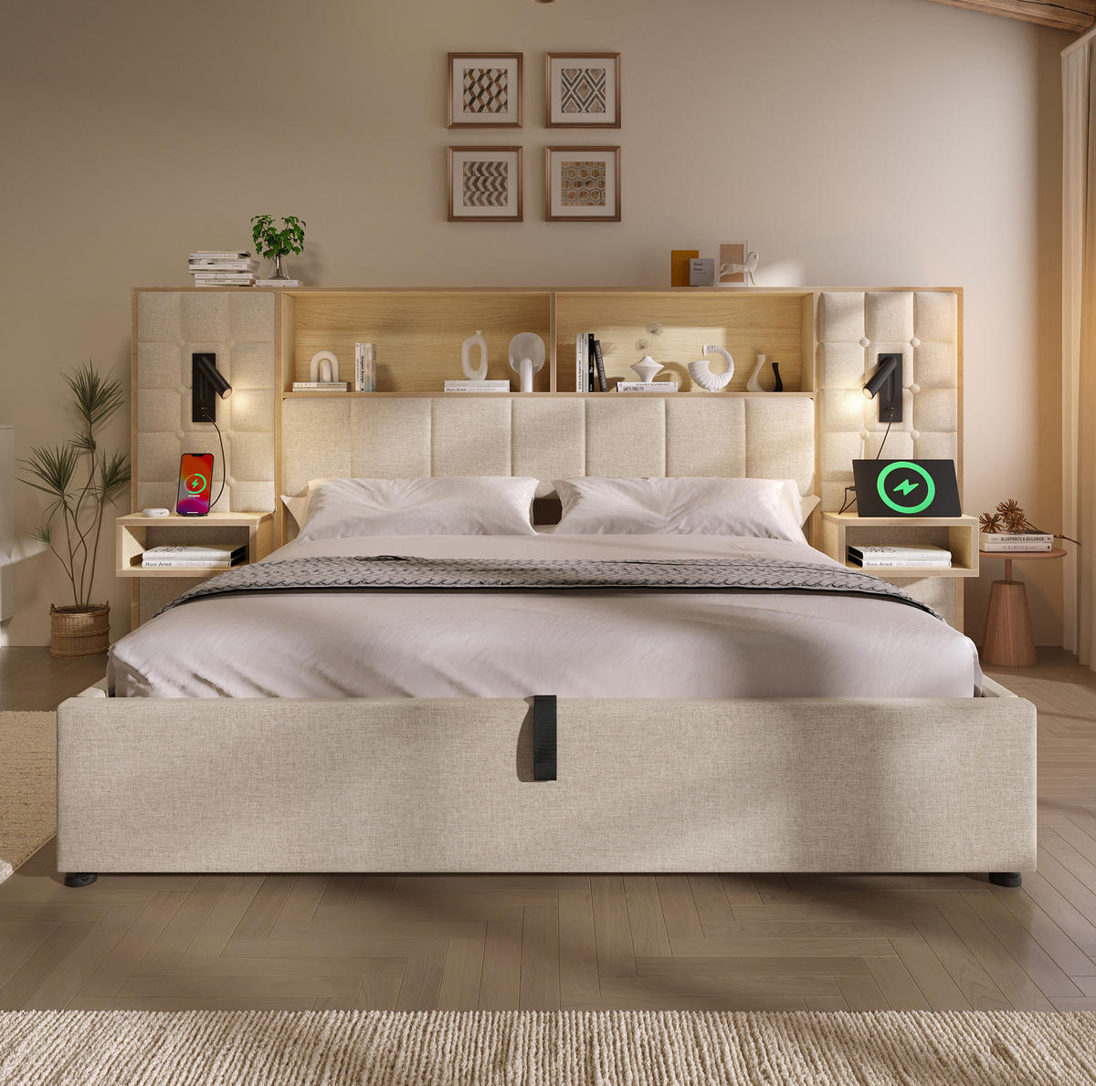 BETT mit Stauraum 160x200 cm Leinen Beige mit Nachttischen - Beige, Metall (160/200cm) - Meubliv