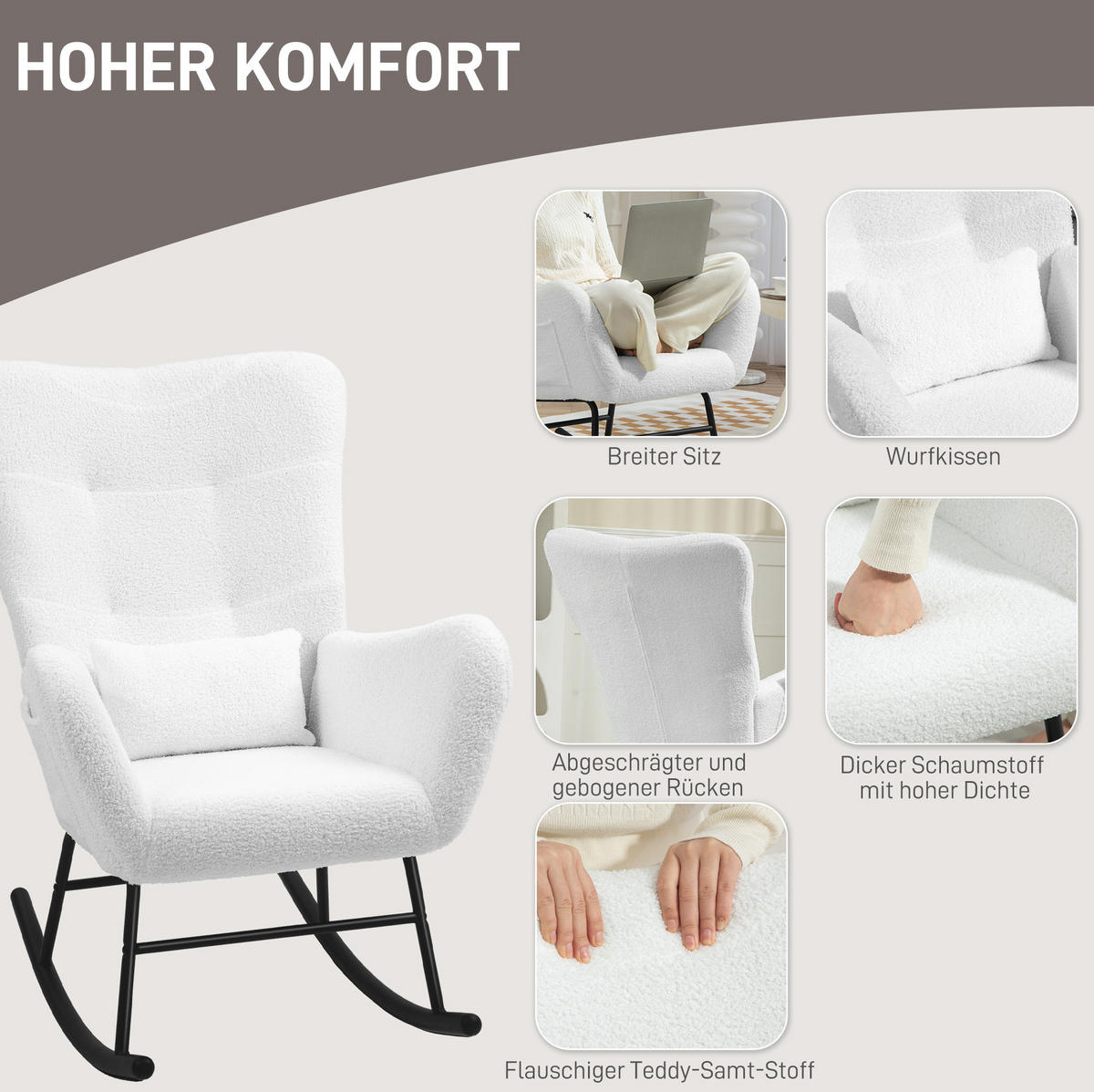 SCHAUKELSTUHL Teddystoff-Optik mit Seitentasche 67/95/100 cm Weiß - Weiß, Textil (67/100/95cm) - Redom