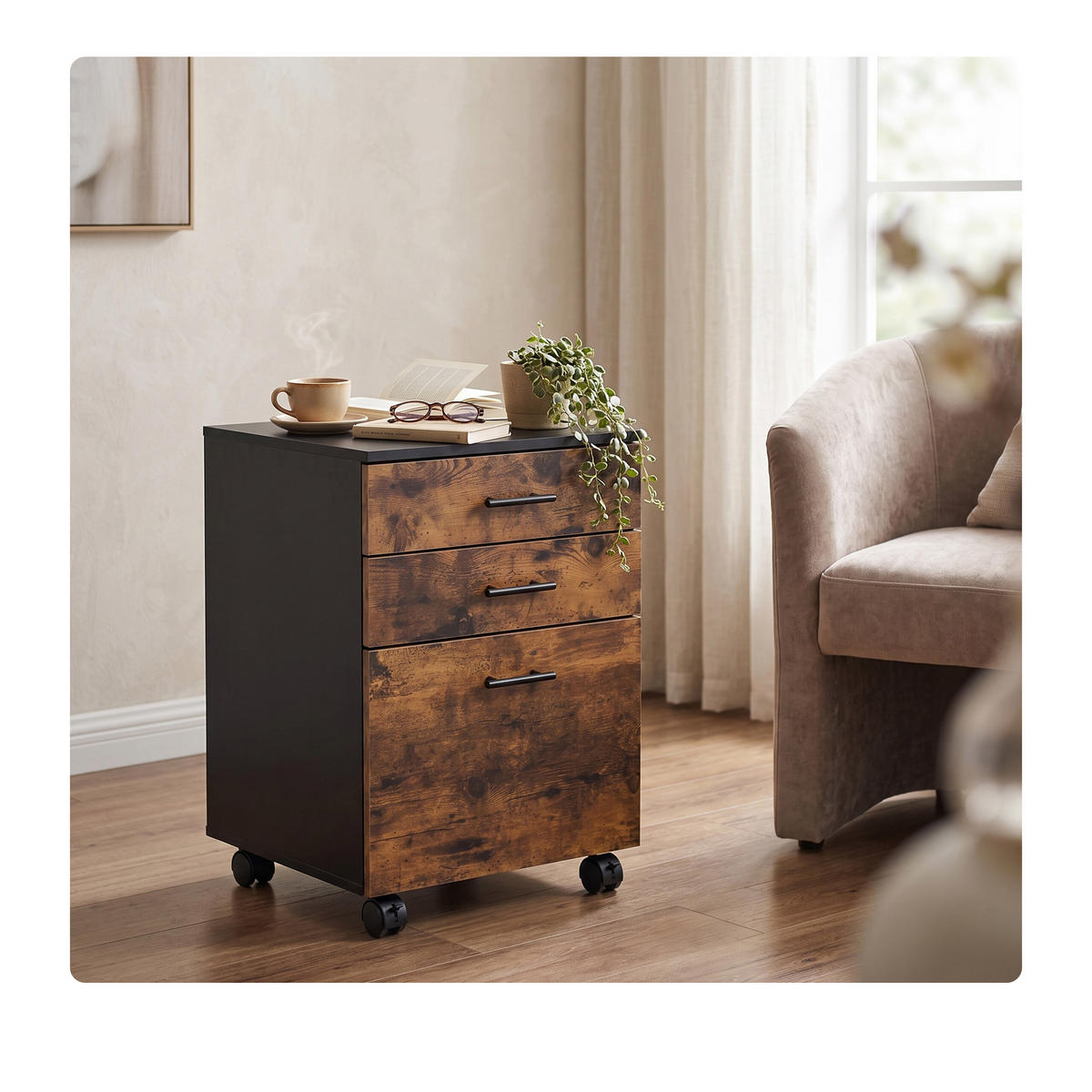 ROLLCONTAINER Vintagebraun 3 Schubladen auf Rollen - Braun, Holzwerkstoff/Kunststoff (40/57.5/40cm) - Relaxdays