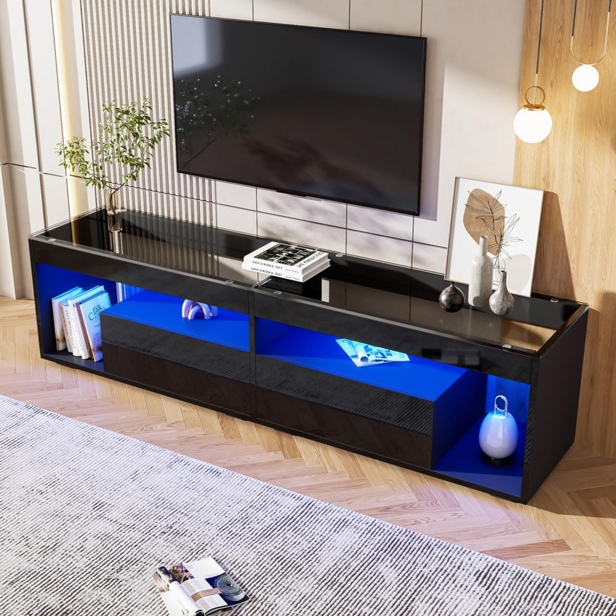 TV-SCHRANK Hochglanz LED-Beleuchtung 2 Schubladen Schwarz bis 70 Zoll - Schwarz, Holz (48.9/15.24/104.14cm) - FLIEKS