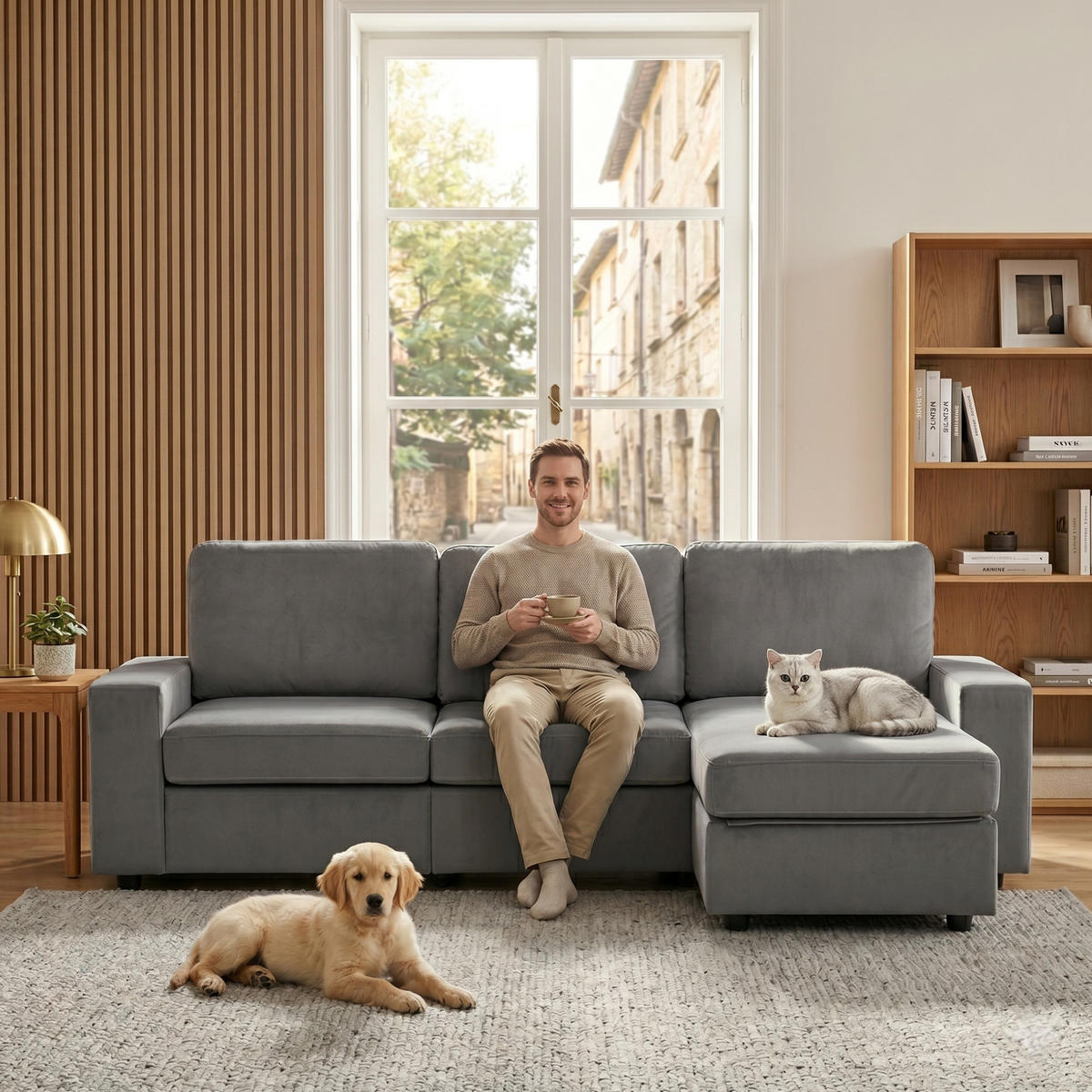 ECKSOFA 245,5/150,5/86,5 cm grau aus Kurzflorstoff mit 4 Staufächern - Grau, Kunststoff (245.5/150.5cm) - OKWISH