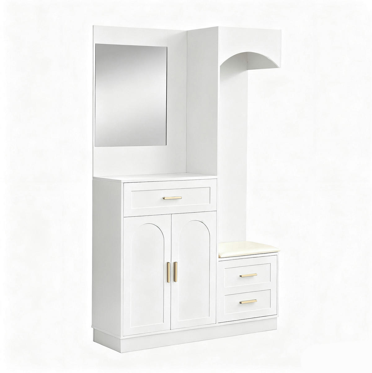 GARDEROBENSCHRANK 110/33/185,5 cm mit Spiegel, Schuhbank und verstellbaren Einlegeböden aus MDF, Weiß - Weiß, Holzwerkstoff (110/185.5/33cm) - Redom