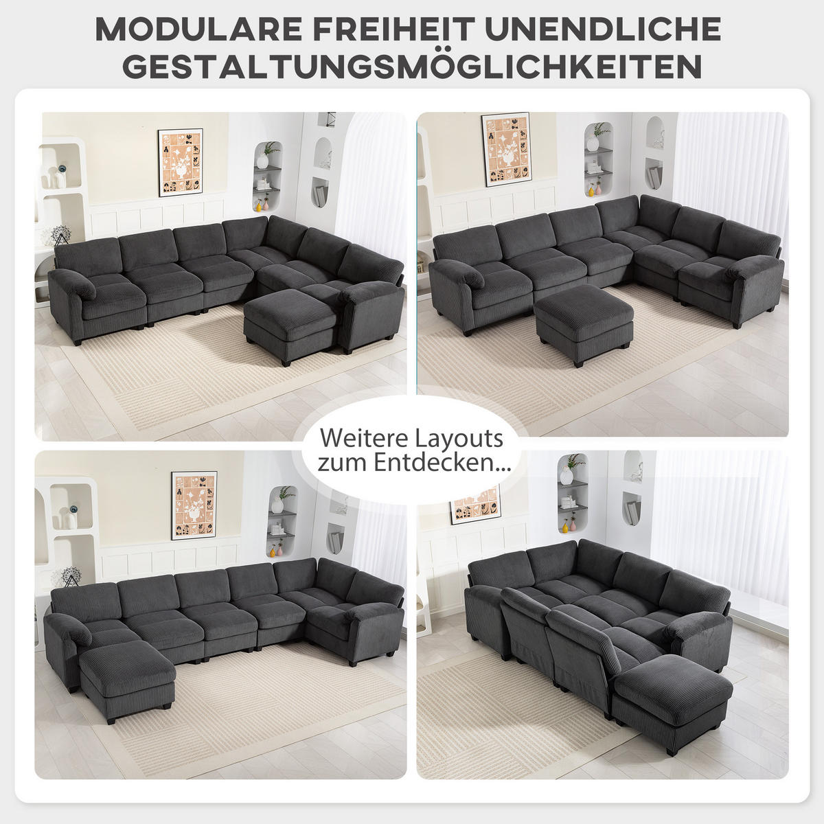 ECKSOFA U-FORM DE-06612 Sofa mit Federpolsterung, beweglicher Ottomane, Cord Dunkelgrau - Dunkelgrau, Holz/Textil (224/292cm) - ComfortXL