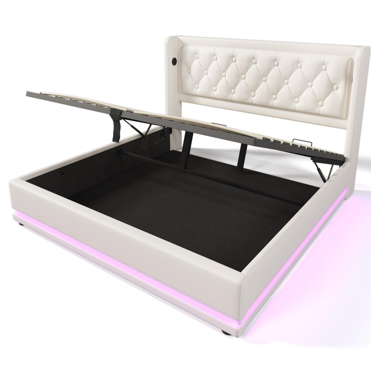 POLSTERBETT aus PU 160x200 cm Weiß mit Bettkasten, LED-Beleuchtung, USB-C und Federkernmatratze - Weiß, Leder (160/200cm) - IVMEU