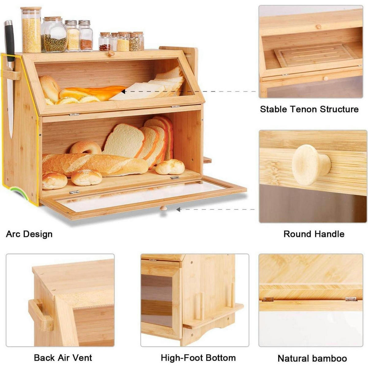 BROTKASTEN Bambus 2 Etagen mit Schneidebrett 50 cm - Hellbraun, Naturmaterialien (25/37/50cm)