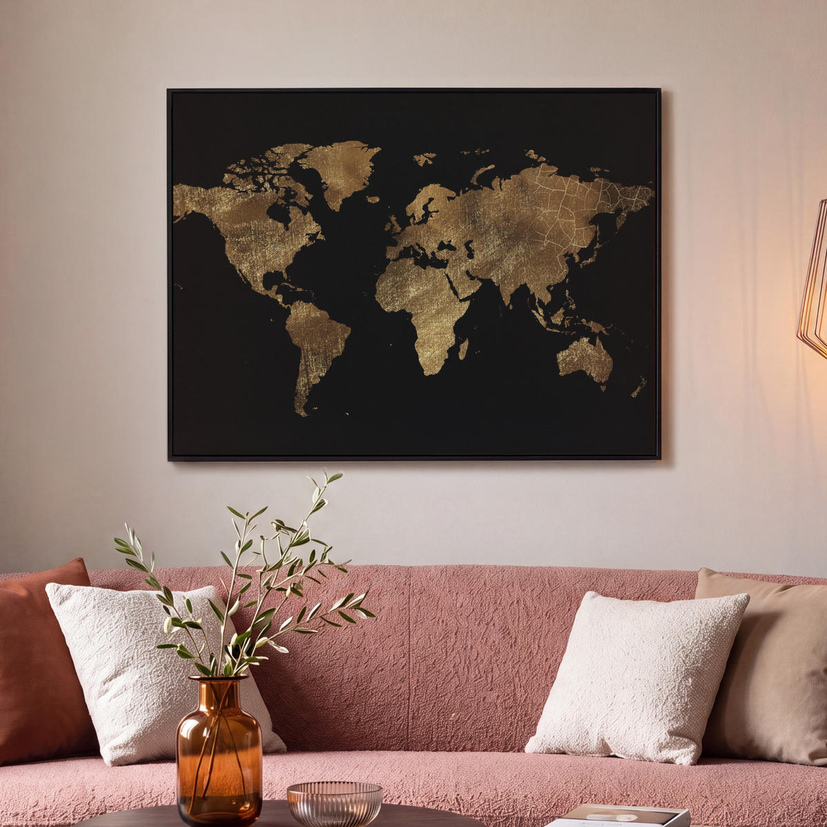 LEINWAND Bilder mit Rahmen - Weltkarte - Gold - Luxus - Erde - Schwarz - 100x70 - Goldfarben, Textil (100/70cm) - MuchoWow