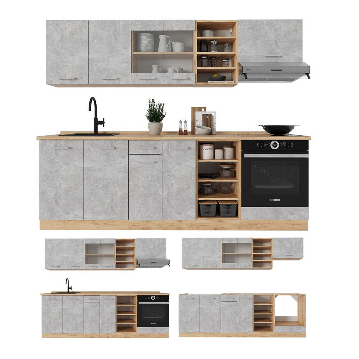 KUCHYŇSKÝ KOUT R-Line Beton/zlatý dub - šedá/medově dubová, kompozitní dřevo (240/81.6/60cm) - Vicco