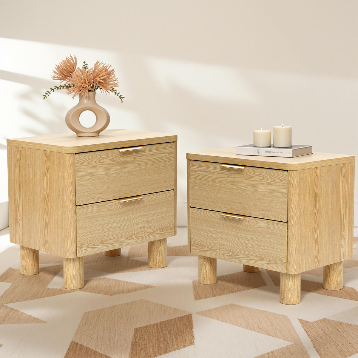 NACHTTISCH mit 2 Schubladen mit zylindrischen Beinen, Holz | B59 x T39 x H55 cm - Braun, Holzwerkstoff (59/55/39cm) - Hometopia