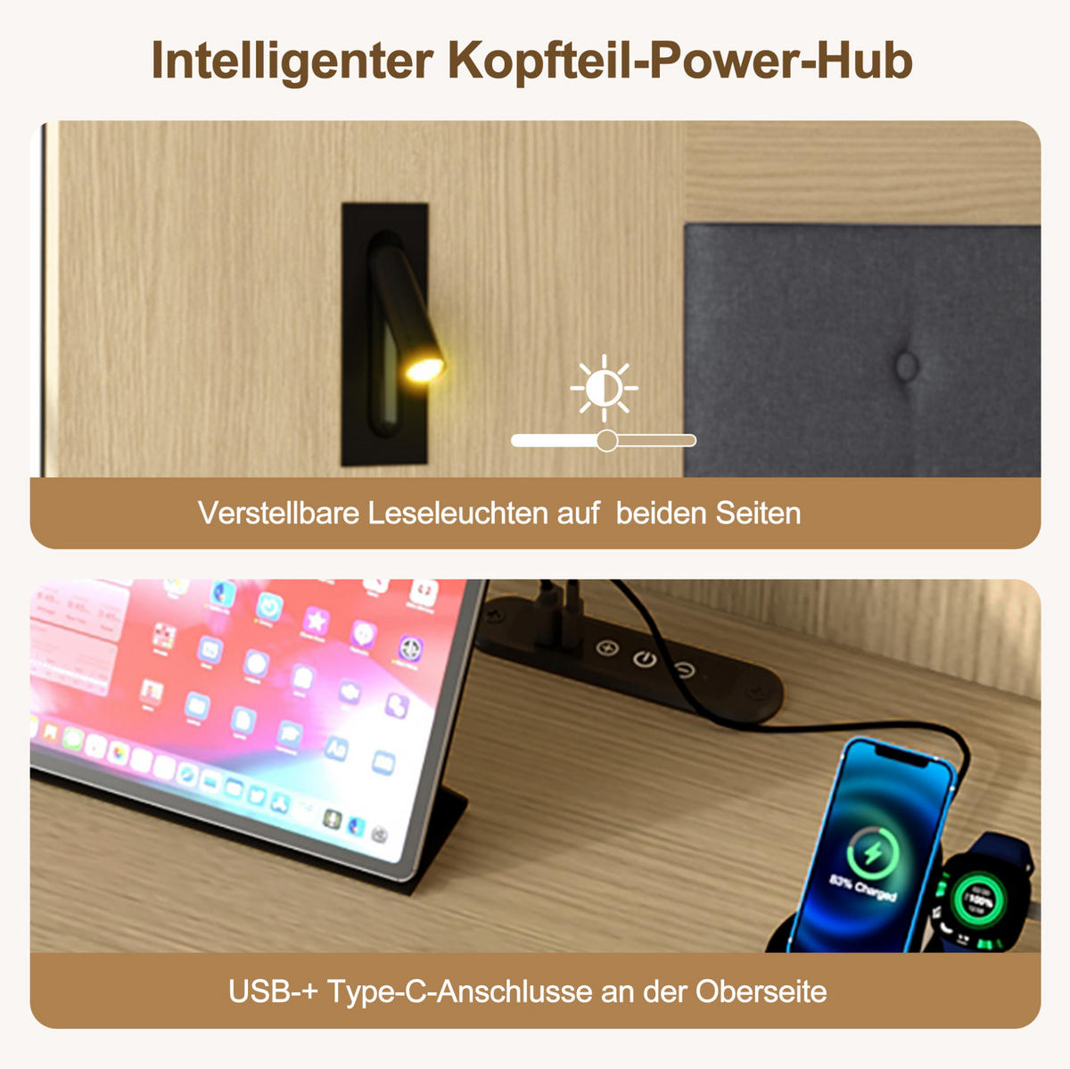 DOPPELBETT aus MDF 160x200 cm Helle Eiche mit USB-/Type-C-Anschluss, Leselampen, 2 Nachttischen und Stauraum - Eichefarben, Holzwerkstoff (140/200cm) - Modfu