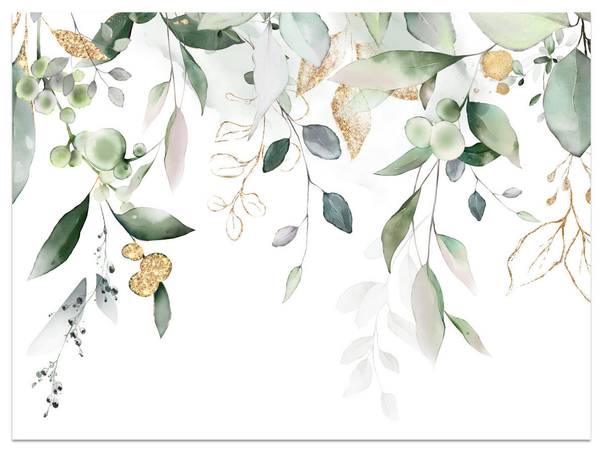 FOTOTAPETE für Schlafzimmer Aquarell Blätter Eukalyptus Weiß 150x105 - Gelb/Weiß, Papier (150/105cm) - Muralo