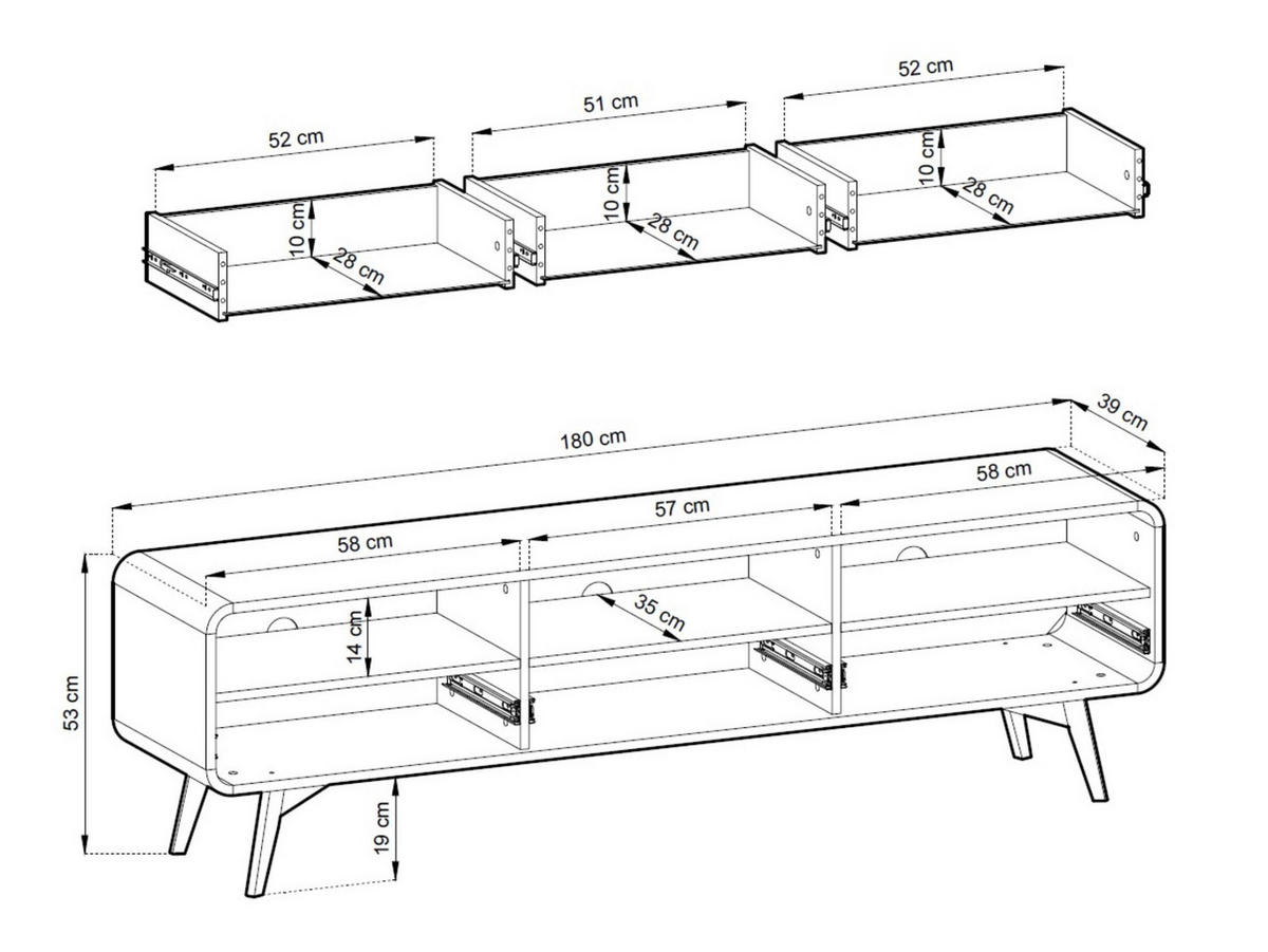 TV-SCHRANK Velion Vincenza Eiche, mit Schubladen - Eichefarben, Holzwerkstoff (180/53/39cm) - Bettso