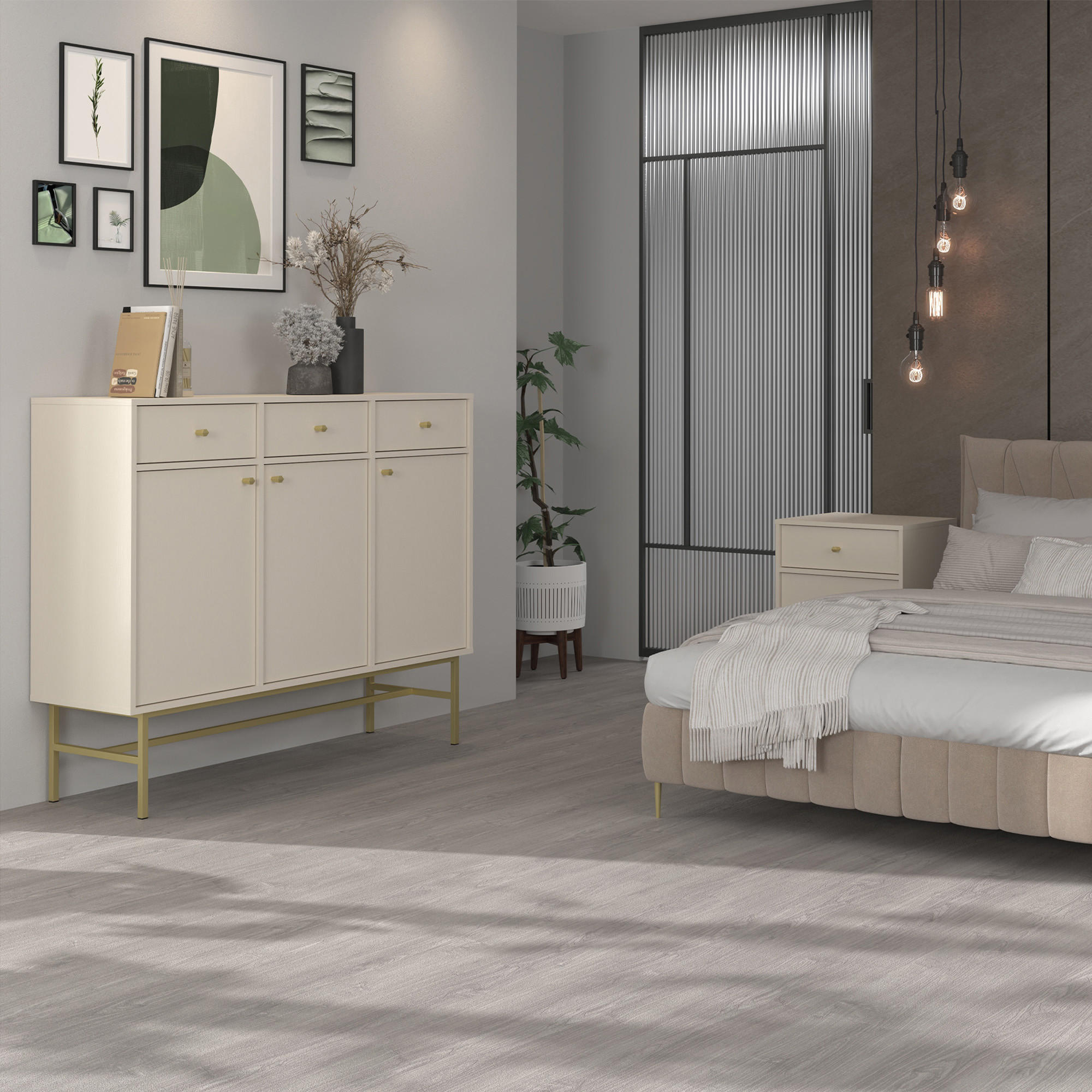 KOMMODE FLOREN, Creme/Gold - Creme, Holzwerkstoff/Metall (124.5/107.5/40.8cm) - KONSIMO®