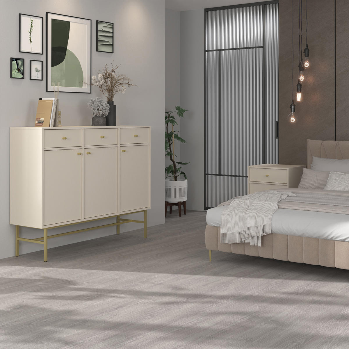 KOMMODE FLOREN, Creme/Gold - Creme, Holzwerkstoff/Metall (124.5/107.5/40.8cm) - KONSIMO®