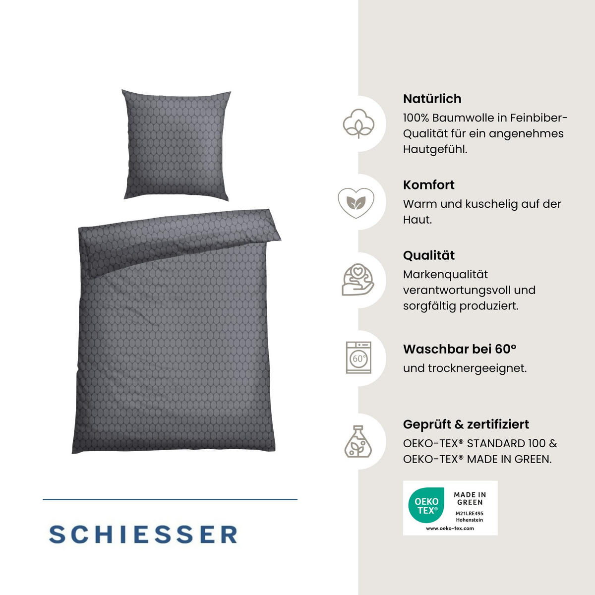 BETTWÄSCHESET Drops - Feinbiber - 2-teilig - 135x200 cm - Grau - Grau, Textil (135/200cm) - SCHIESSER