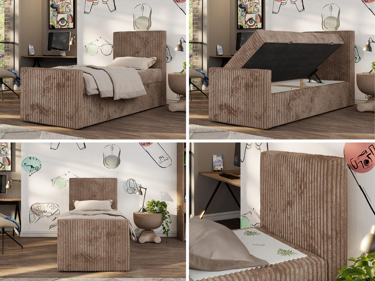 JUGENDBETT TILIO DUO 90/200 - Braun Cord - H4 - Rechts Seite - Braun, Textil (90/200cm) - MKS