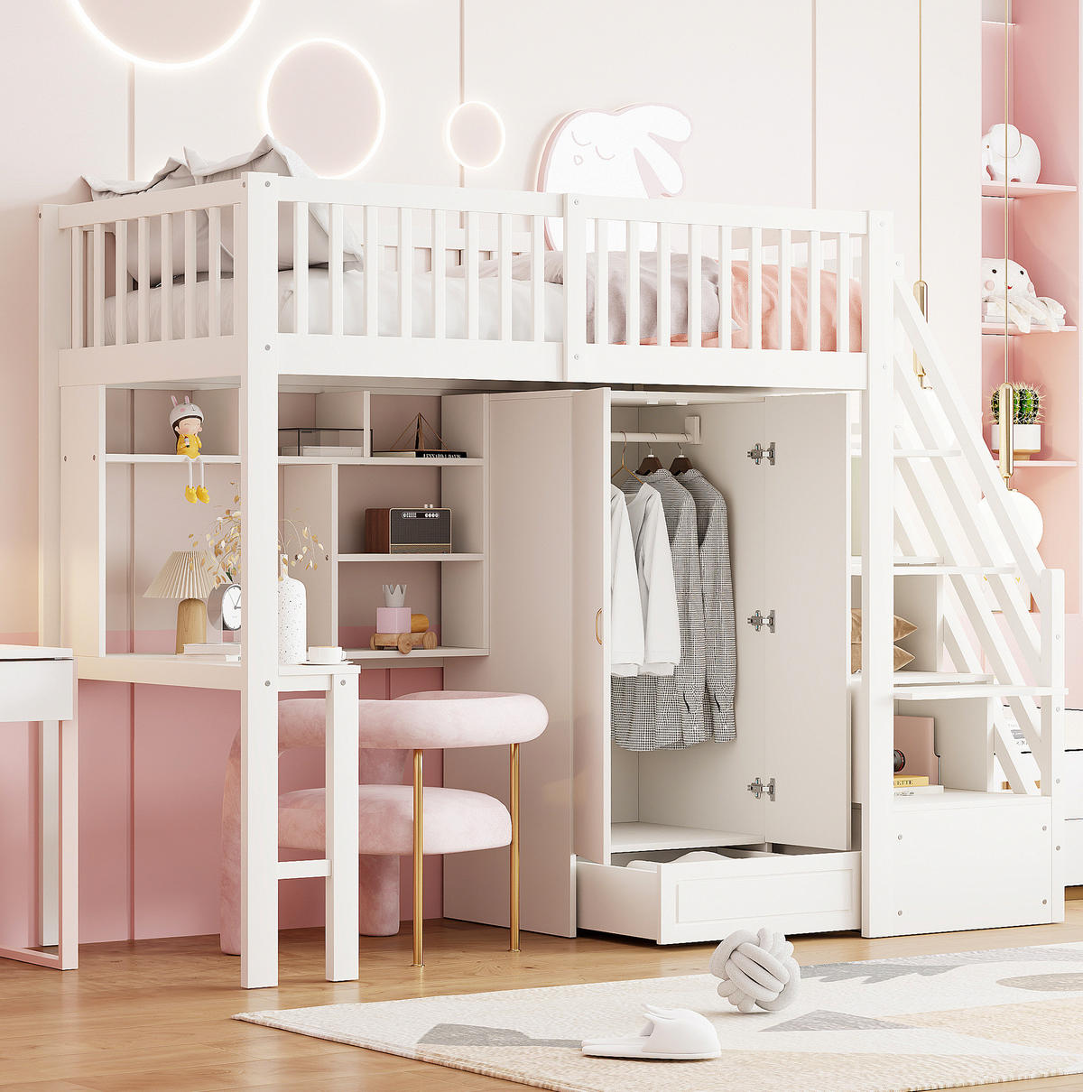 HOCHBETT 90/200 cm Weiß aus Massivholz mit Kleiderschrank, Tisch und Stauraum - Weiß, Holz (90/200cm) - Flora Grace
