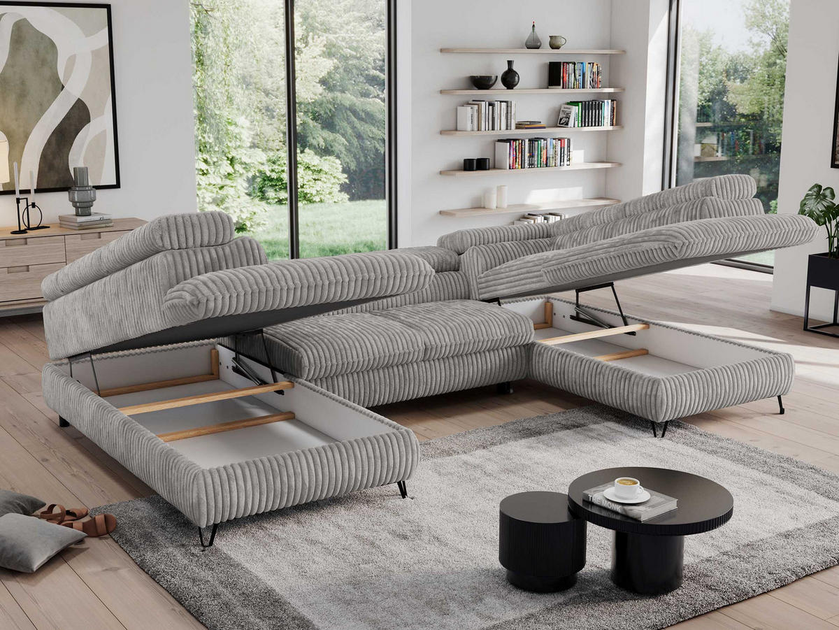 WOHNLANDSCHAFT PEDRO U Cord Grau - Schwarz/Grau, Textil/Metall (346/76/208cm) - MKS