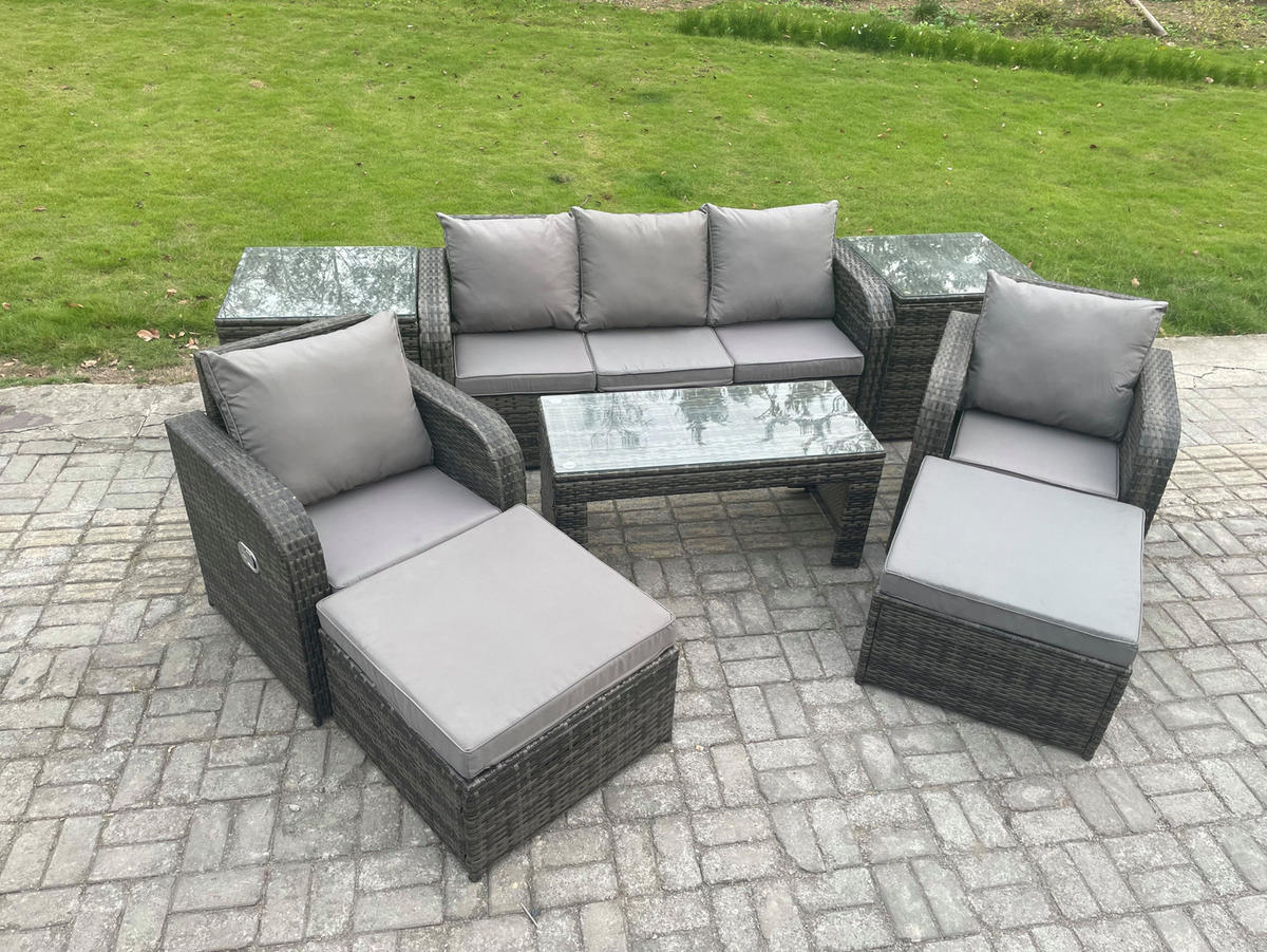 GARTENSOFA SET mit LIEGESTUHL Polyrattan 7-Sitzer Dunkelgrau - Dunkelgrau/Grau, Glas/Kunststoff - Fimous