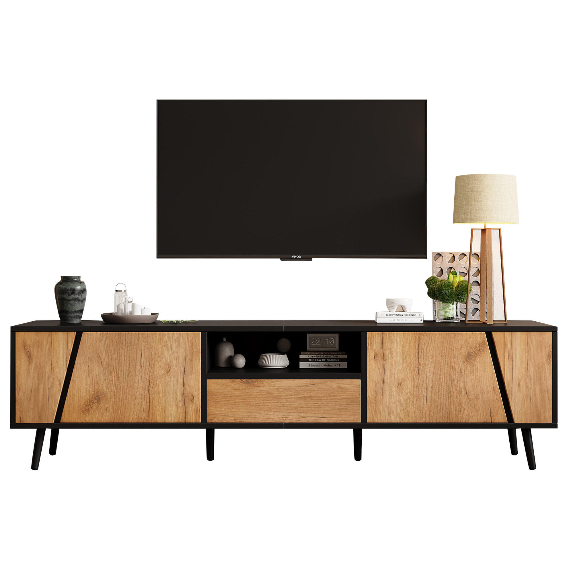 TV-ELEMENT mit 2 Türen und Schublade 180 x 40 x 46 cm Schwarz/Natural - Schwarz, Holzwerkstoff (40/46/180cm) - Beauniv