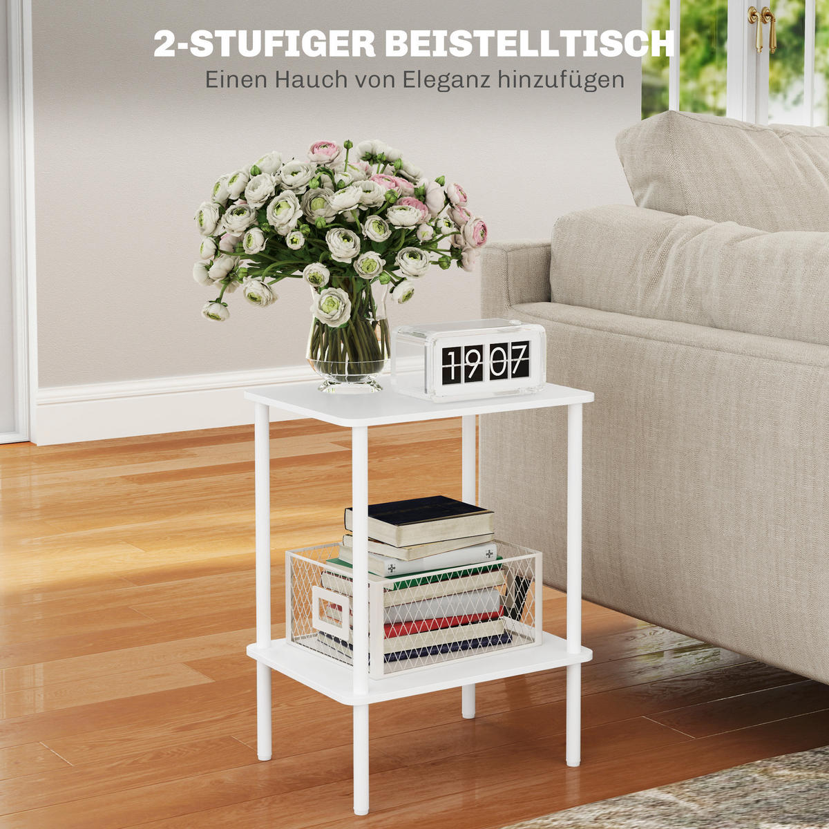 BEISTELLTISCH, 2-stufiger Couchtisch mit Aufbewahrungsfach und Metallrahmen, Weiß - Weiß, Holzwerkstoff (30/40/52.2cm) - HOMCOM