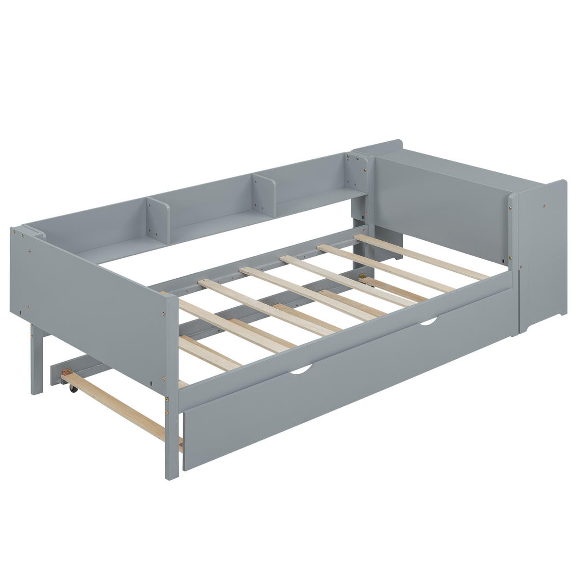 FLACHBETT 90/200 cm Grau mit ausziehbarem Bett und Schreibtisch aus Kiefernholz und MDF - Grau, Holz (90/200cm) - OKWISH