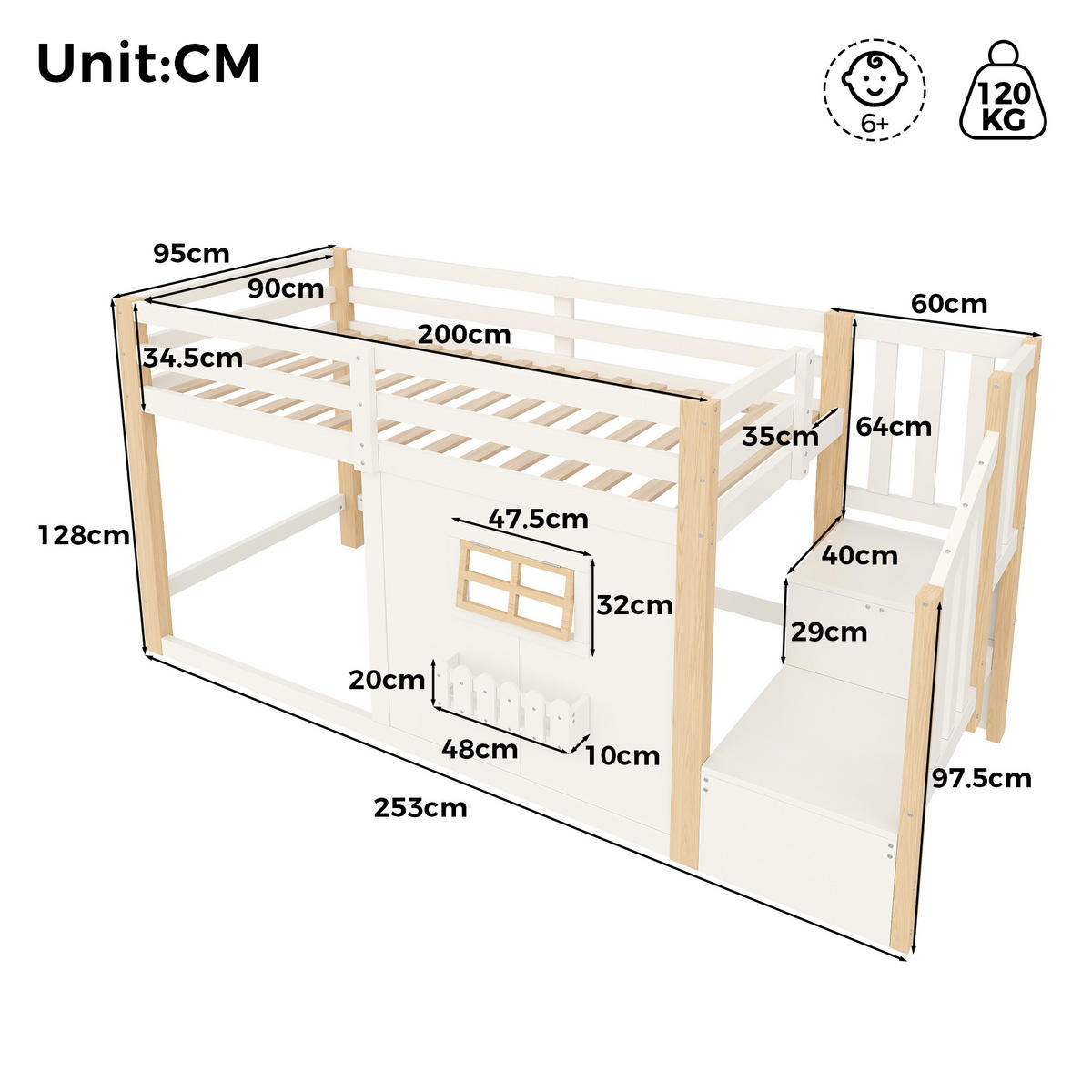 HOCHBETT 90/200 cm mit LED und Stauraumtreppe, DE-42010, in Natur/Weiß - Naturfarben, Holzwerkstoff (90/200cm) - ComfortXL