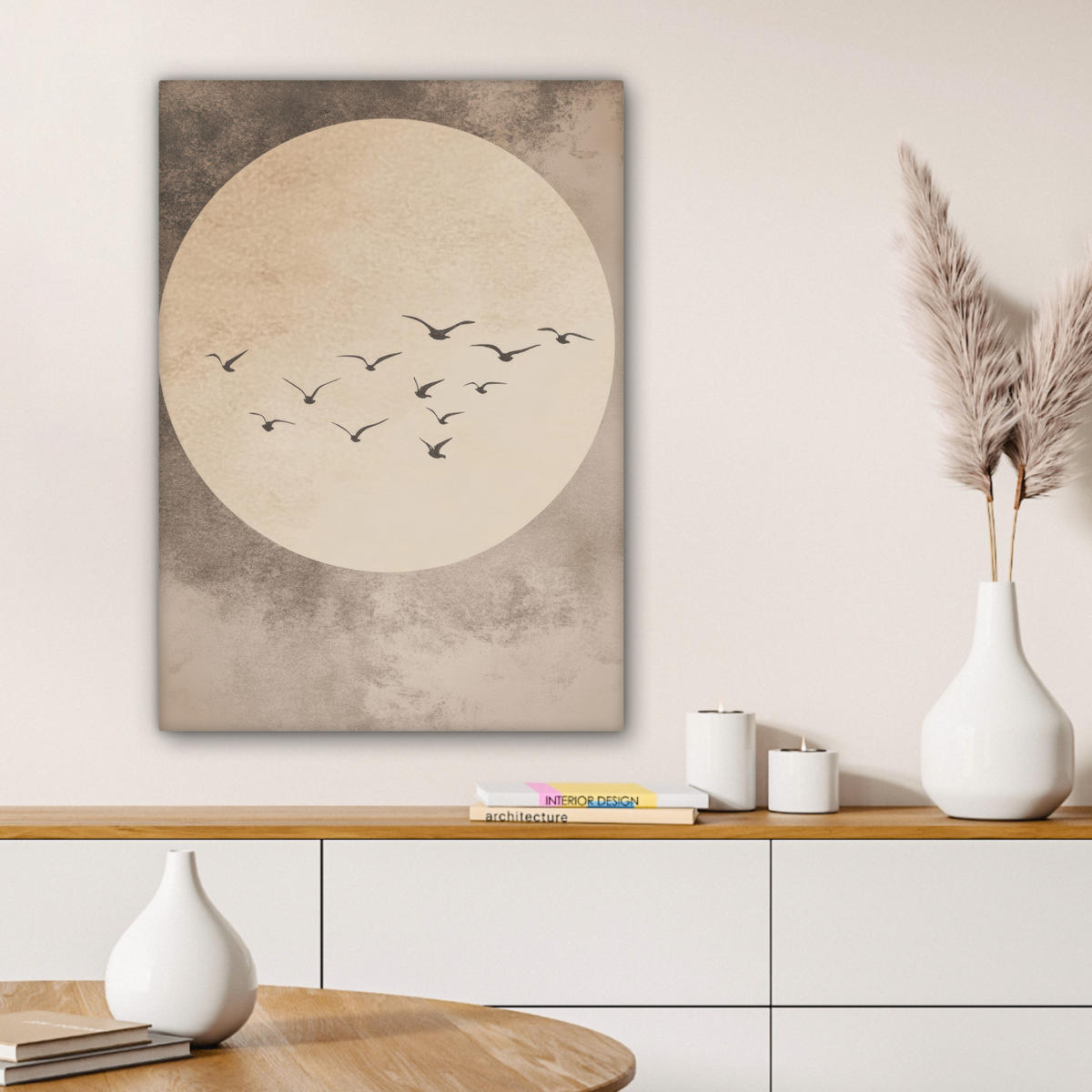 LEINWANDBILD Vogel - Beige - Japanisch Wandbild Wohnzimmer 60x80 cm - Taupe, Textil (60/80cm) - MuchoWow