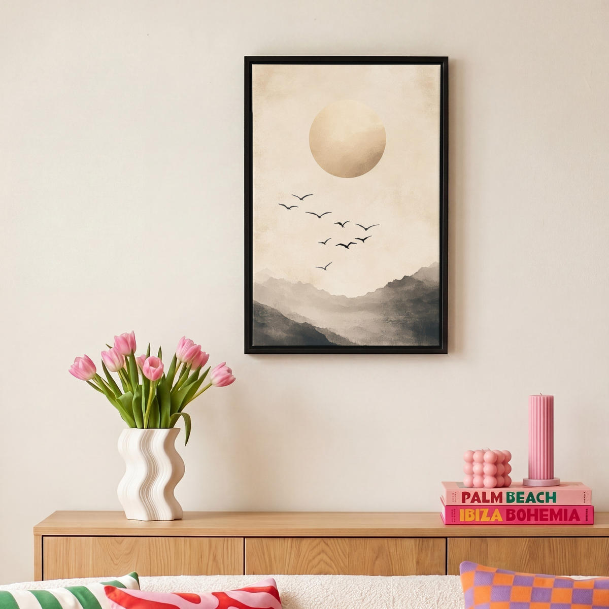 LEINWAND Bilder mit Rahmen - Landschaft - Japandi - Vogel - 20x30 - Beige, Textil (20/30cm) - MuchoWow