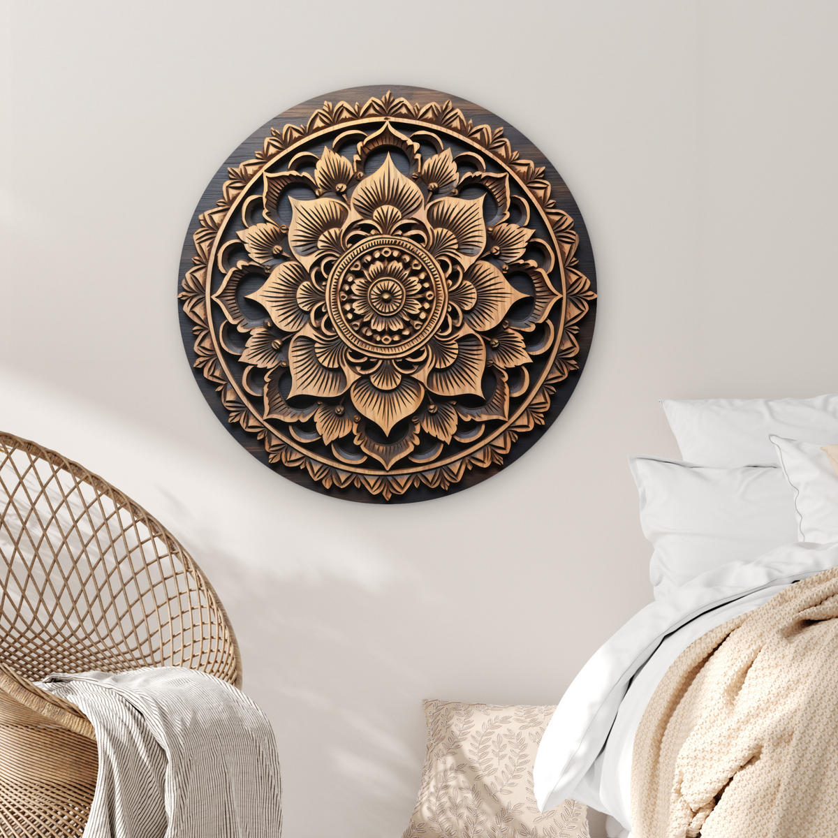 WANDBILD Mandala - Holz - Blumen - Braun 90x90 cm - Gelb, Kunststoff (90/90cm) - MuchoWow