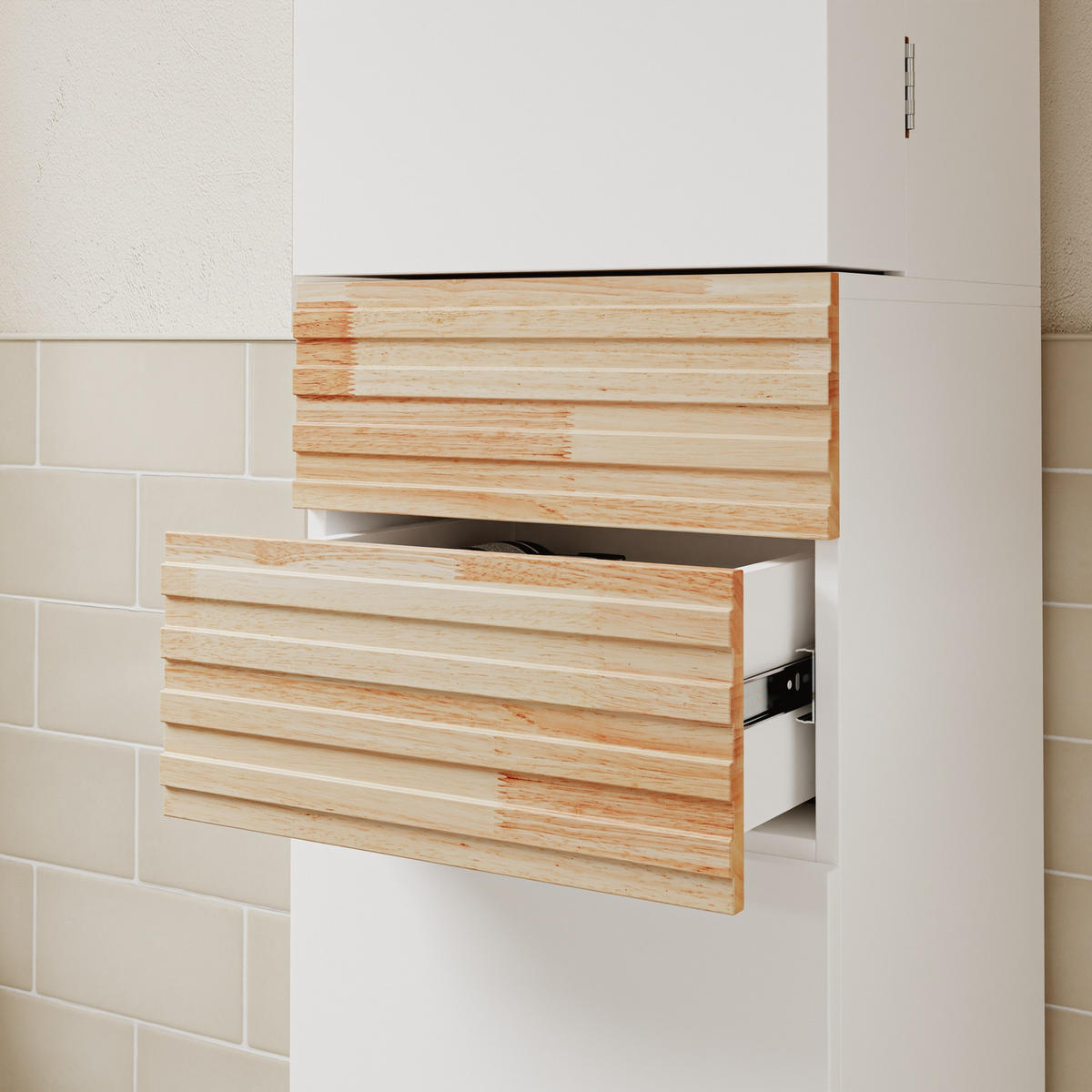 BADEZIMMERSCHRANK mit Schubladen und Tür BZR244-WN - Ahornfarben/Weiß, Kunststoff/Fell (30/180/30cm) - SoBuy
