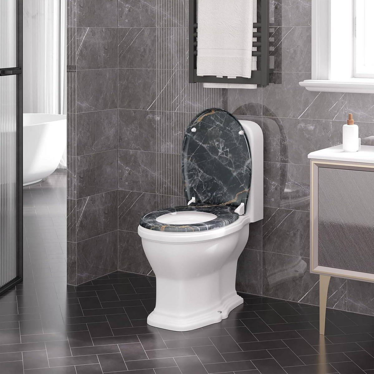TOILETTENDECKEL mit Absenkautomatik, 175 kg belastbar - Schwarz/Weiß, Kunststoff (37/3.4/45cm) - Woltu