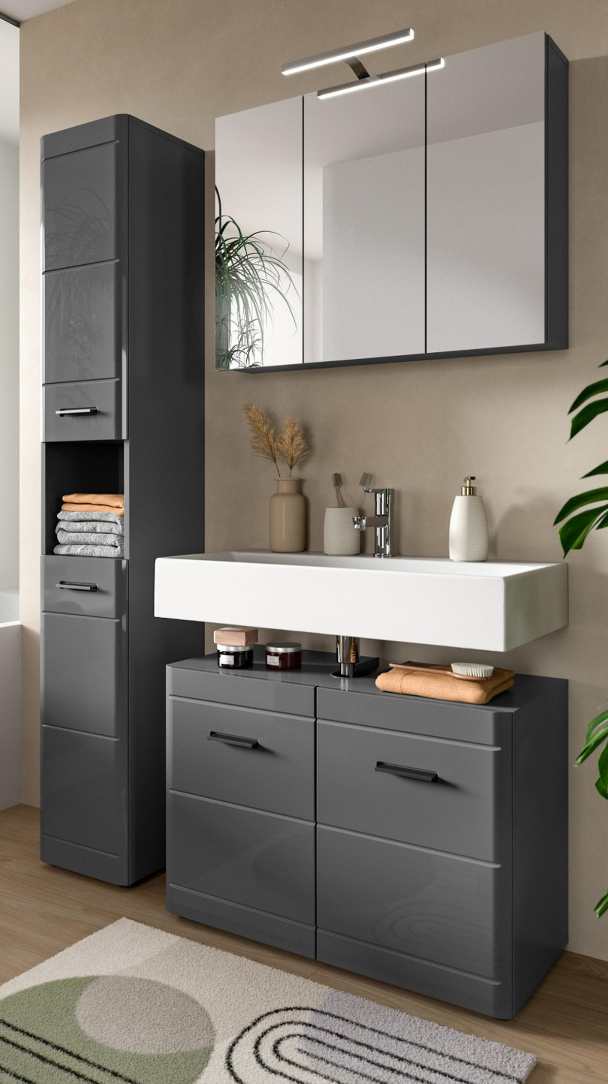 BADMÖBEL-SET grau Hochglanz 125 cm, Komplettset mit Soft-Close - Grau, Glas/Holzwerkstoff (125/190/34cm) - Inn.Furn