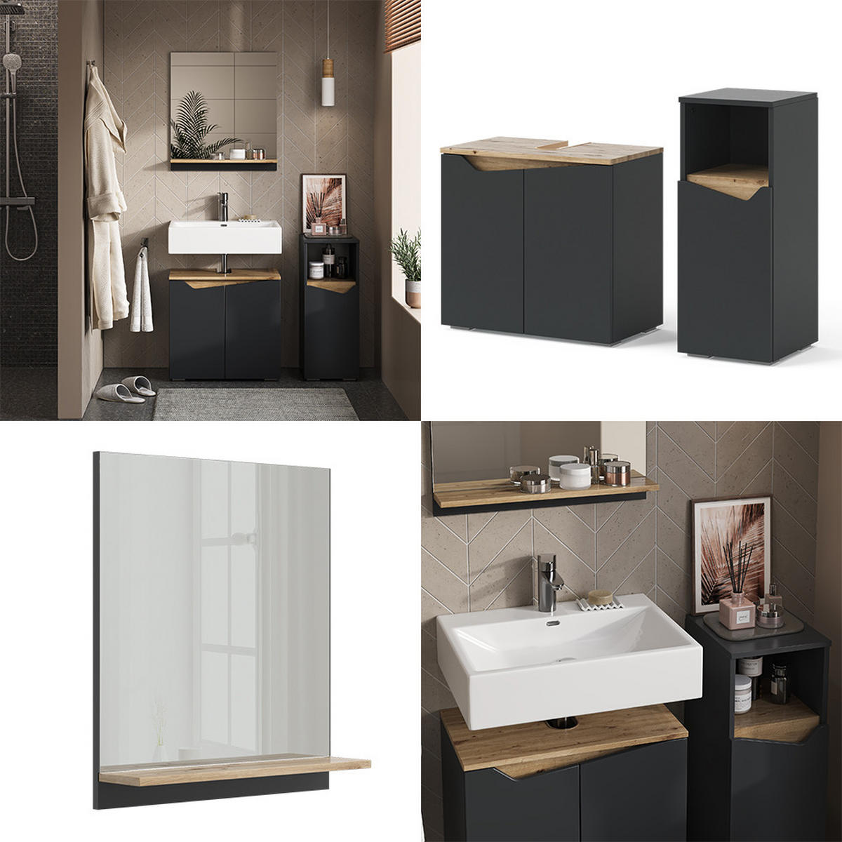BADMÖBEL-KOMBINATION Marelle Anthrazit 3 Teile, mit Midischrank - Anthrazit, Holzwerkstoff (60/57/35cm) - Vicco
