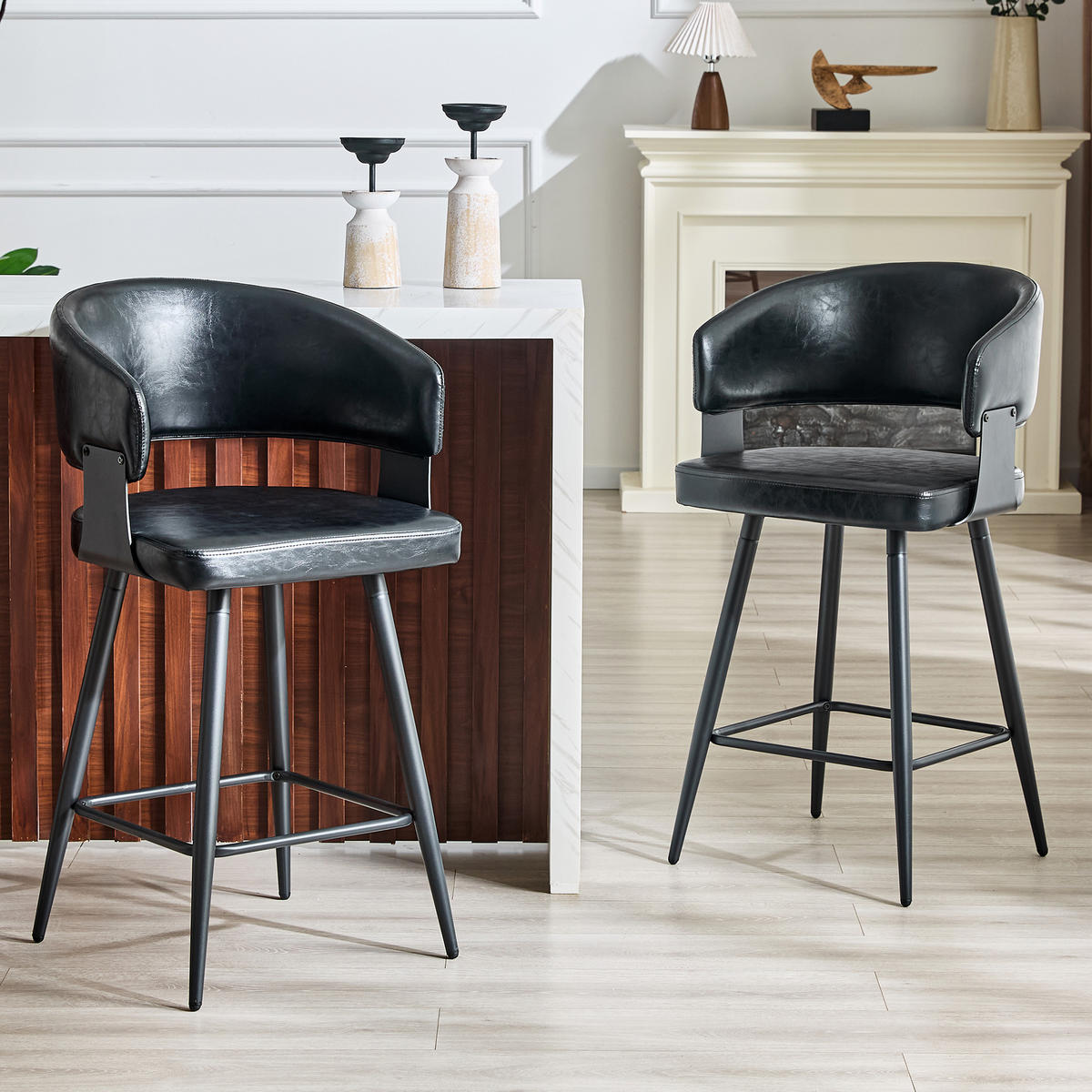 BARHOCKER DE-36675 2er-Set mit Kunstlederbezug und Metallgestell Schwarz - Schwarz, Metall (47/94.5/46cm) - ComfortXL