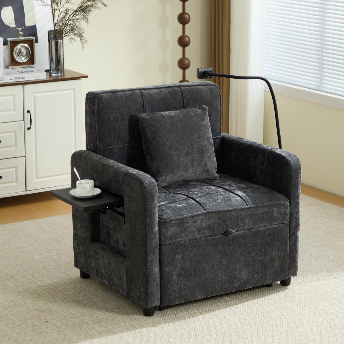 SCHLAFSESSEL 167/79/83 cm dunkelgrau aus Chenille mit Stauraum - Dunkelgrau, Textil (79/83/167cm) - OKWISH