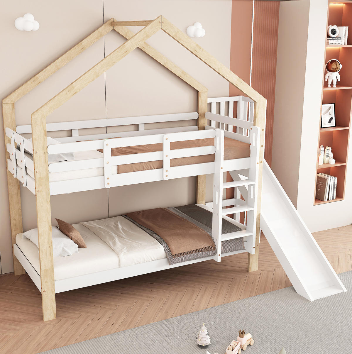 ETAGENBETT aus Kiefer und MDF 90x200 cm Weiß/Natur mit Rutsche, Hausdach und Absturzsicherung - Weiß, Holzwerkstoff (90/200cm) - Modfu
