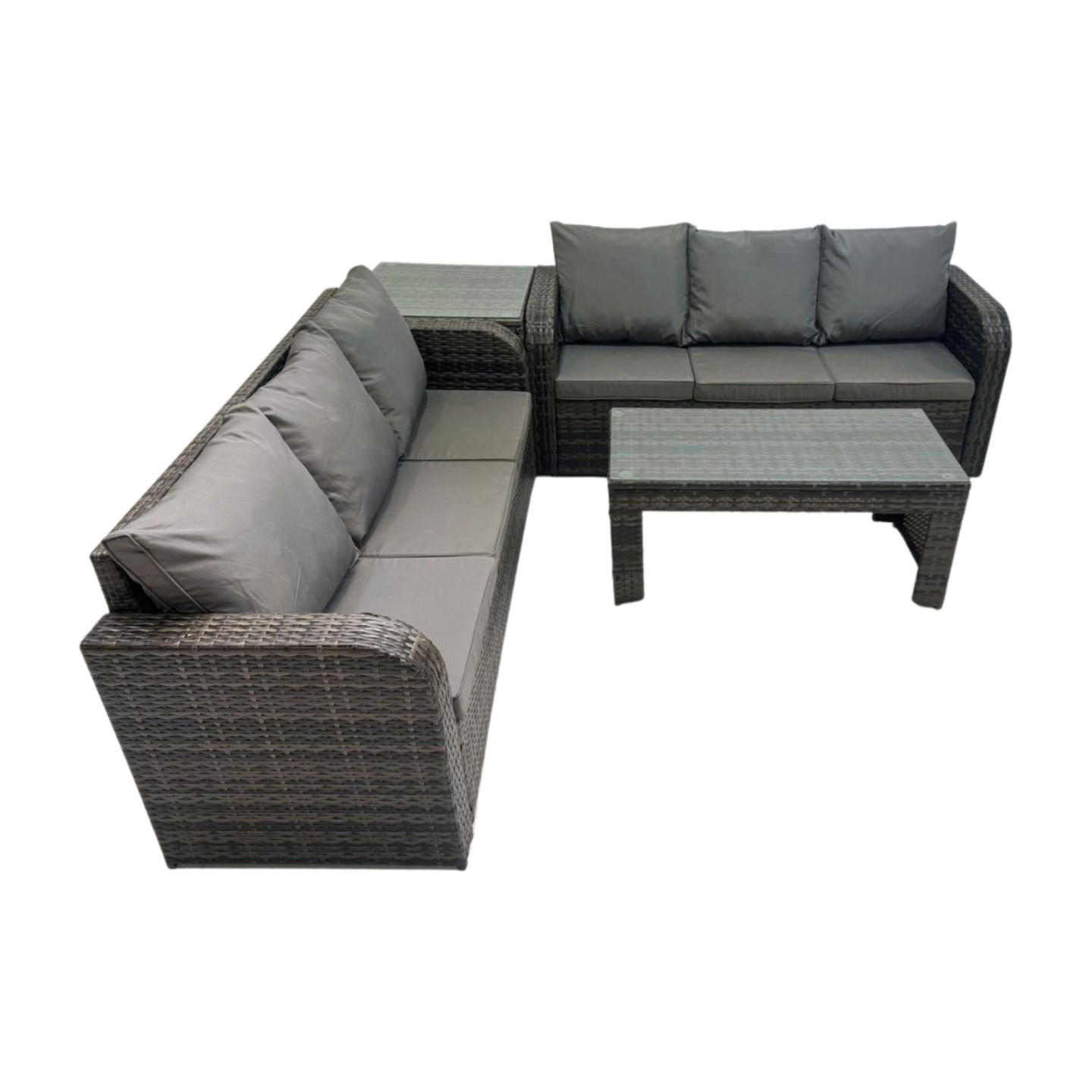 GARTENSOFA SET mit COUCHTISCH Polyrattan 6-Sitzer - Dunkelgrau/Grau, Glas/Kunststoff - Fimous