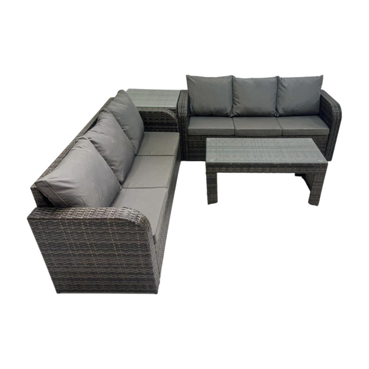 GARTENSOFA SET mit COUCHTISCH Polyrattan 6-Sitzer - Dunkelgrau/Grau, Glas/Kunststoff - Fimous