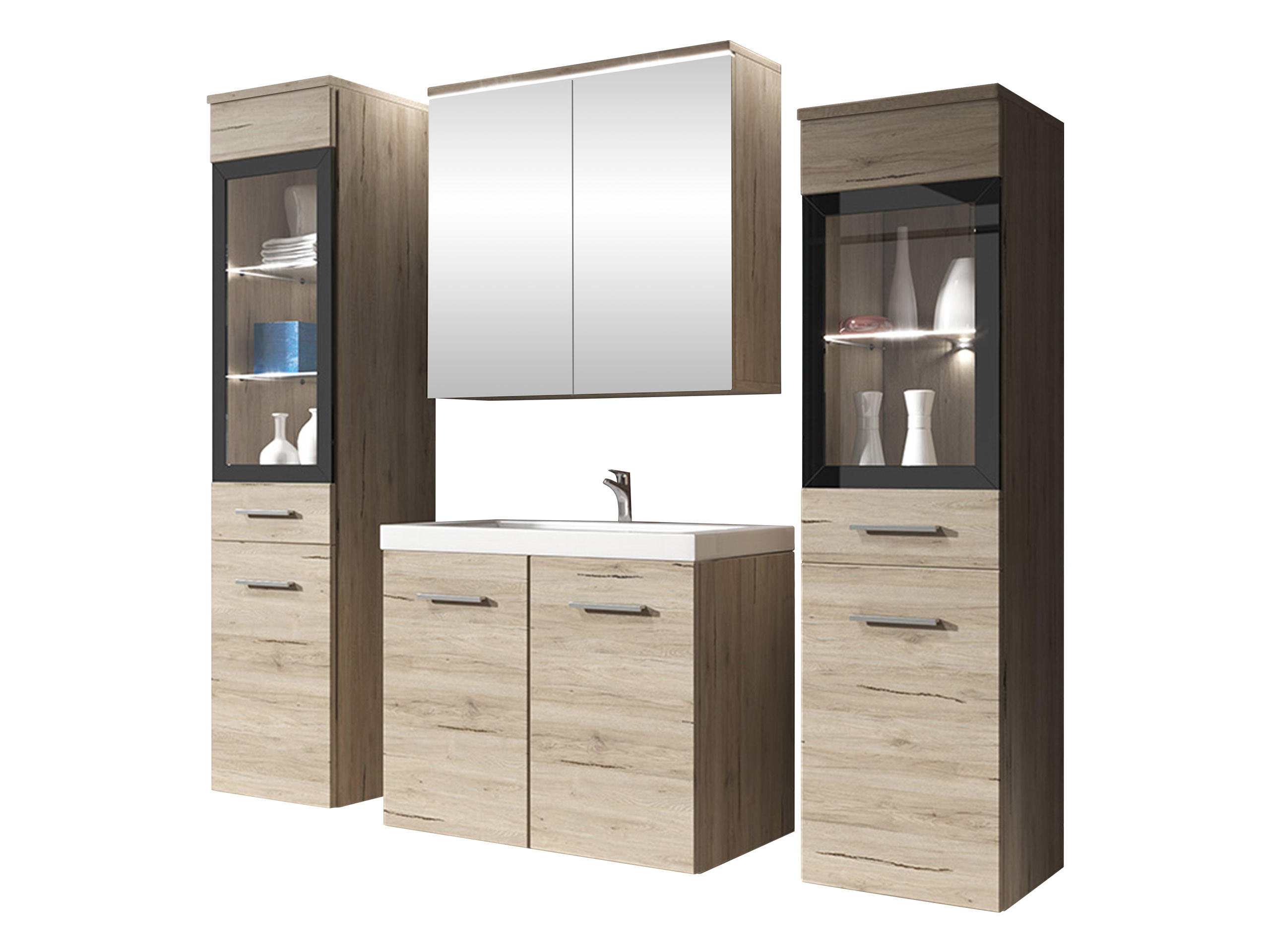 BADMÖBEL-SET Madrit II mit weißer LED Beleuchtung - Silberfarben/Naturfarben, Holzwerkstoff/Kunststoff (132/132/30cm) - MIRJAN24