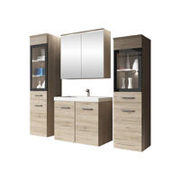 BADMÖBEL-SET Madrit II mit weißer LED Beleuchtung - Silberfarben/Naturfarben, Holzwerkstoff/Kunststoff (132/132/30cm) - MIRJAN24