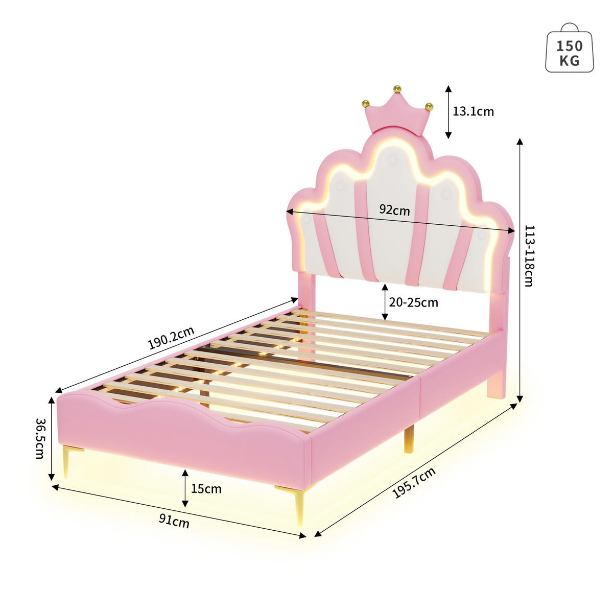 KINDERBETT Bogen-Krone mit 2-Zonen-LED & Goldbeinen 90/200 cm PU-Leder Rosa - Pink, Leder (90/200cm) - Creahappy