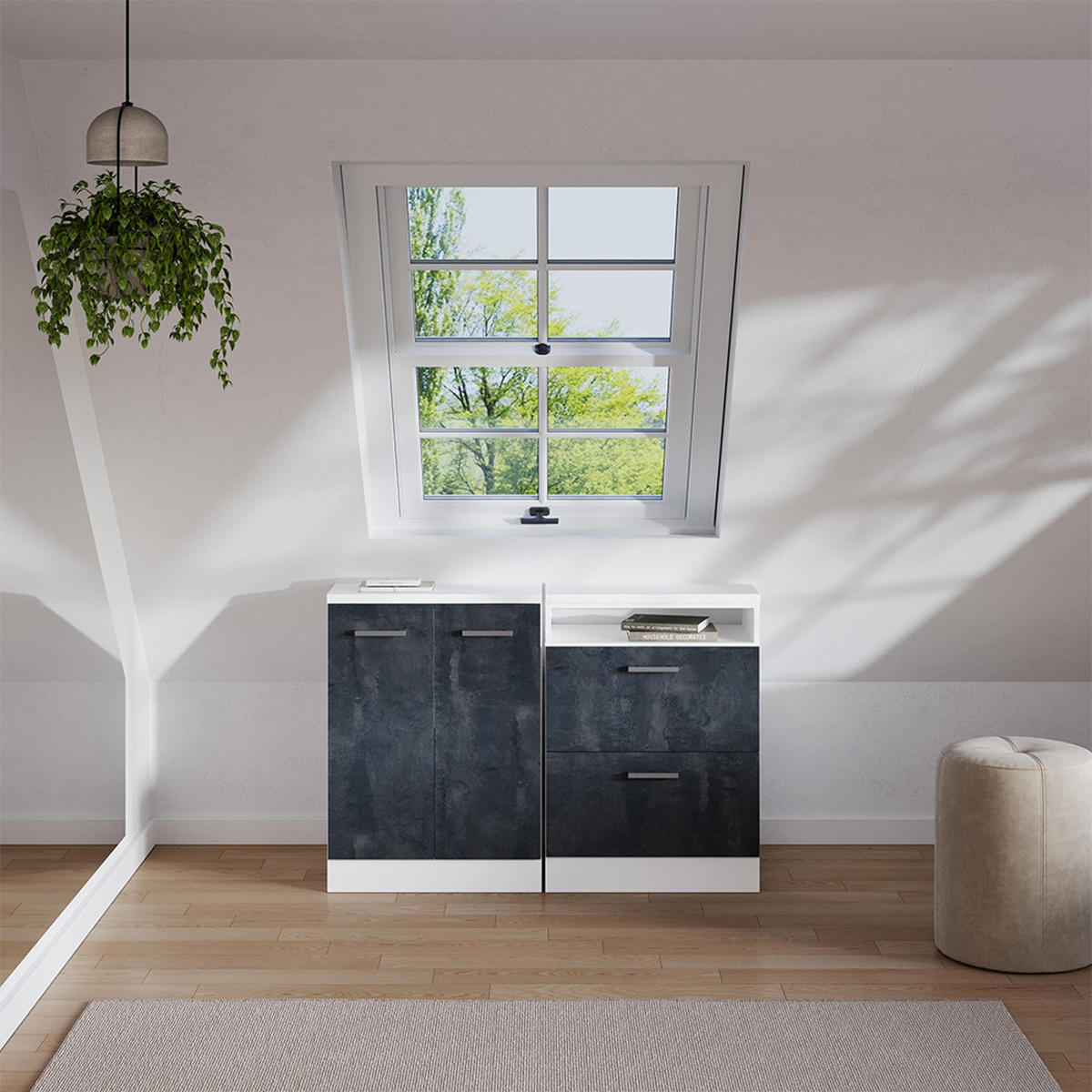 KOMPLET OMAR S POŠEVNO STREHO Rion Črni beton 120 cm Komplet 2 korpusov omare globina 60 cm - črna/bela, leseni material (120/83.8/60cm) - Vicco