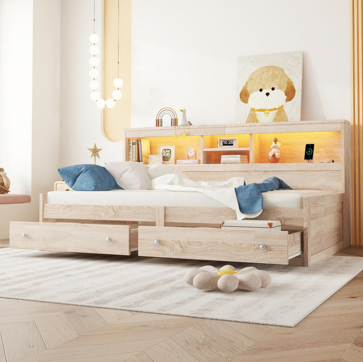 POLSTERBETT aus Spanplatte & MDF 90x200 cm in Natur mit LED & USB-Ladebuchsen - Naturfarben, Holzwerkstoff (90/200cm) - Modfu