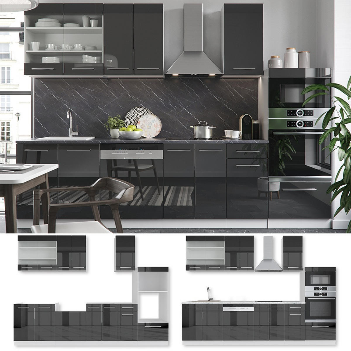 KÜCHENZEILE Fame-Line Anthrazit Hochglanz 300 cm mit Hochschrank, ohne Arbeitsplatte - Schwarz Hochglanz/Weiß, Holzwerkstoff (300/153.6/46cm) - Vicco