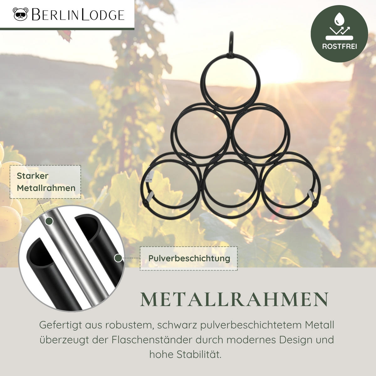 WEINREGAL Mosel mit Griff HxBxT 28x31,5x16 cm 6 Flaschen Metall Schwarz - Schwarz, Metall (31.5/28/16cm) - BERLINLODGE