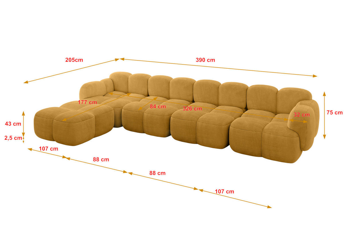 ECKSOFA modulares Sofa Links Miko-L3 390x205x75 Senfgelb Cord - Schwarz/Honig, Holzwerkstoff/Kunststoff (390/205cm) - ALTDECOR
