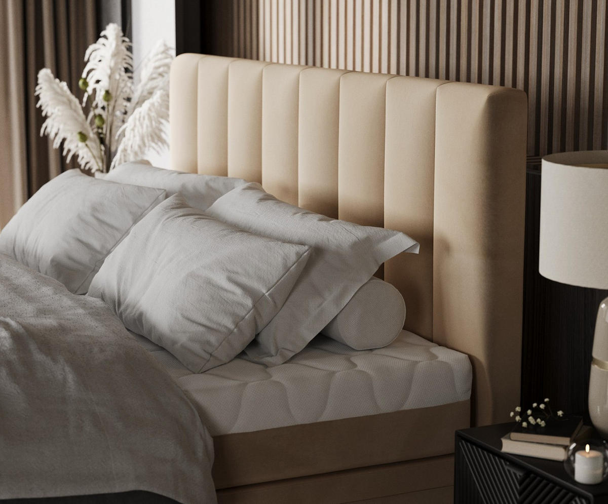 BOXBETT Lume 180/200 cm Beige im Kronos Stoff - Beige/Schwarz, Holz/Holzwerkstoff (180/200cm) - AltaBeds